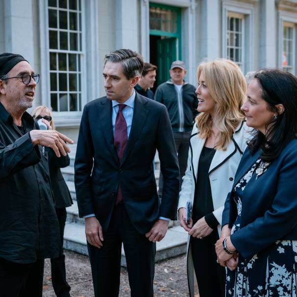 An Taoiseach Simon Harris and Minister Catherine Martin visit the set of Netflix’s Wednesday Season 2