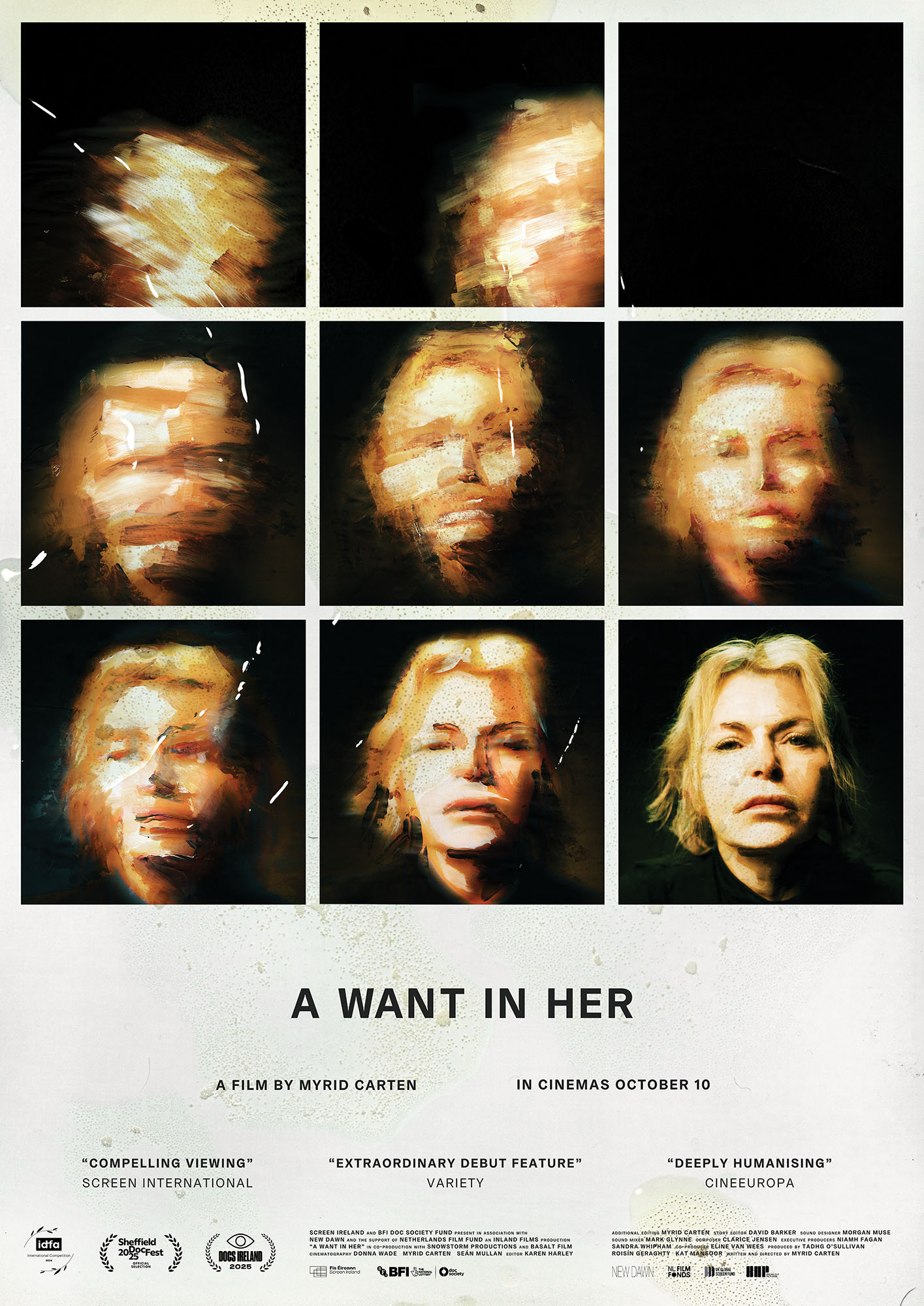 Text on poster: “A Want in Her.” The image shows a grid of abstract, partially revealed faces forming a woman’s portrait.