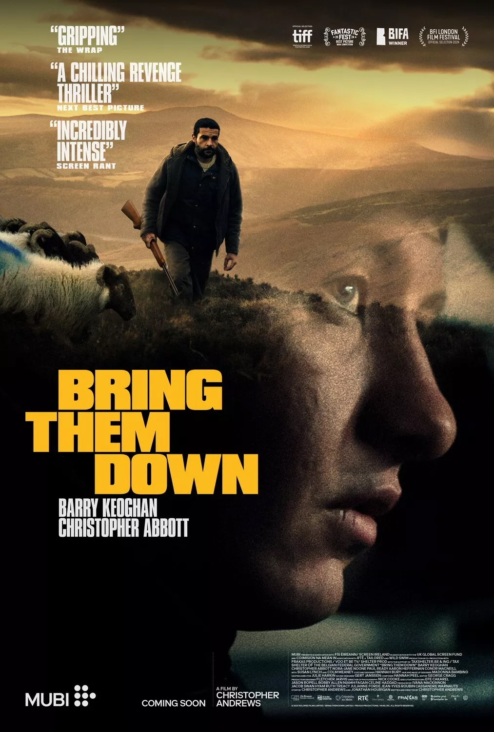Text on poster: “Bring Them Down.” The image shows a man with a gun walking through a rural landscape with sheep.