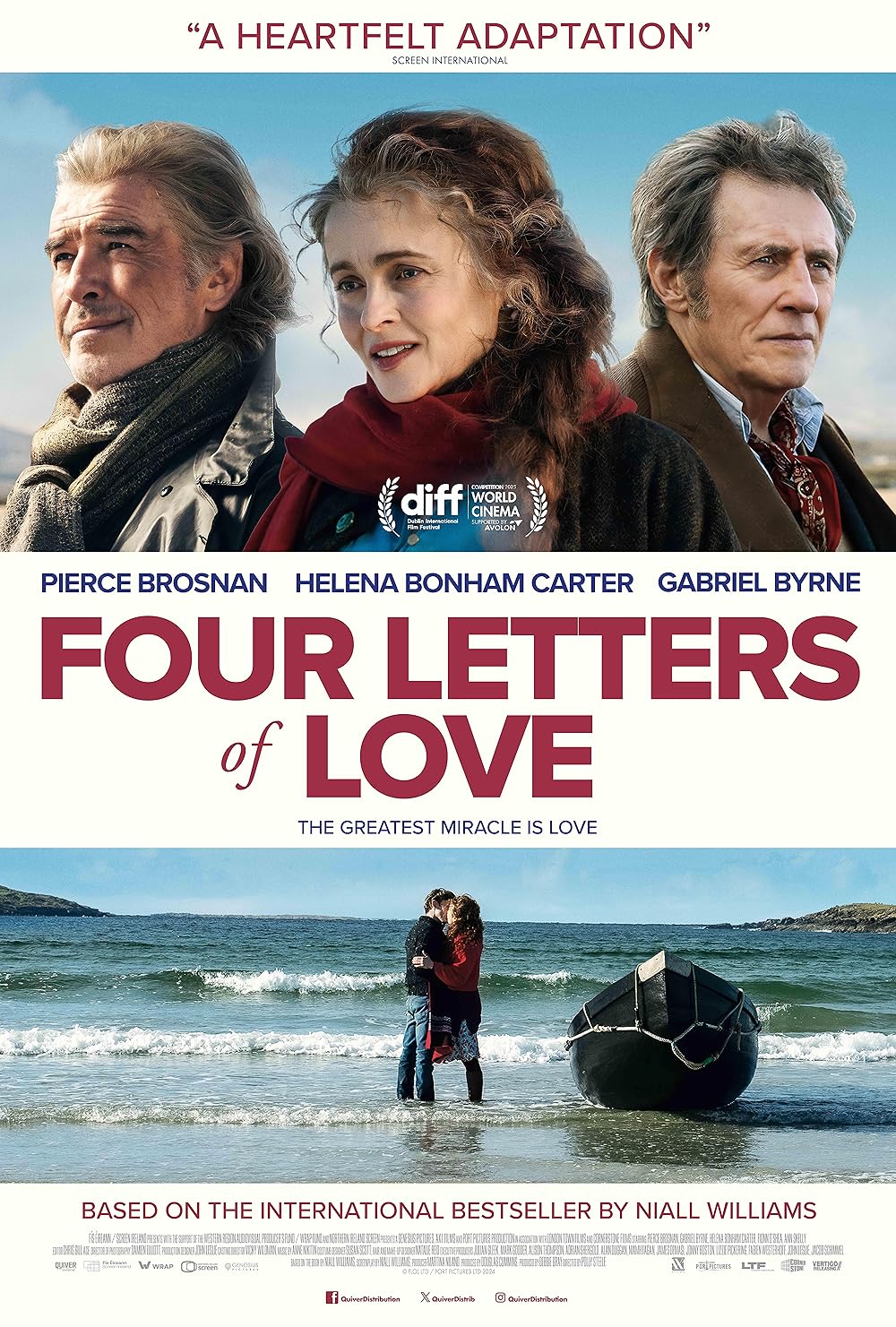Text on poster: “Four Letters of Love.” “The greatest miracle is love.” The image shows three adults above a couple embracing by the sea.