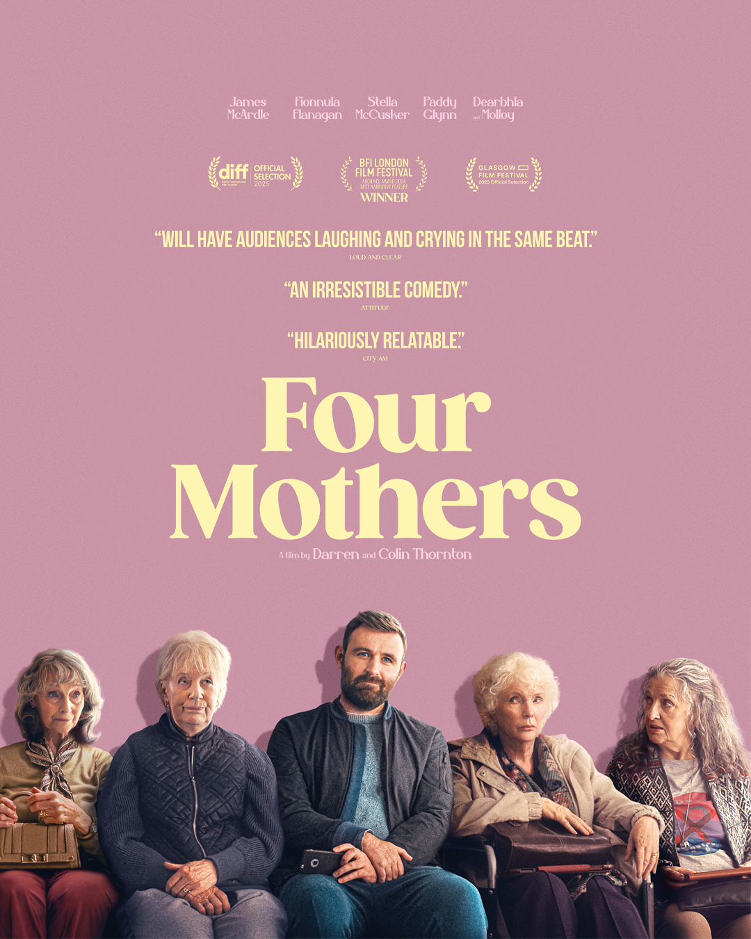 Text on poster: “Four Mothers.” The image shows four older women and one man seated against a pink background.