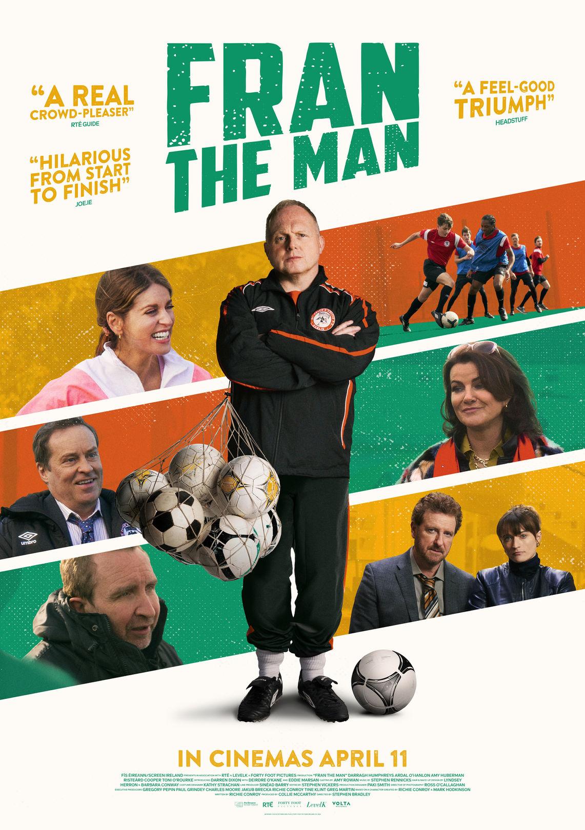 Text on poster: “Fran the Man.” The image shows a football coach holding a net of balls, with match scenes around him.