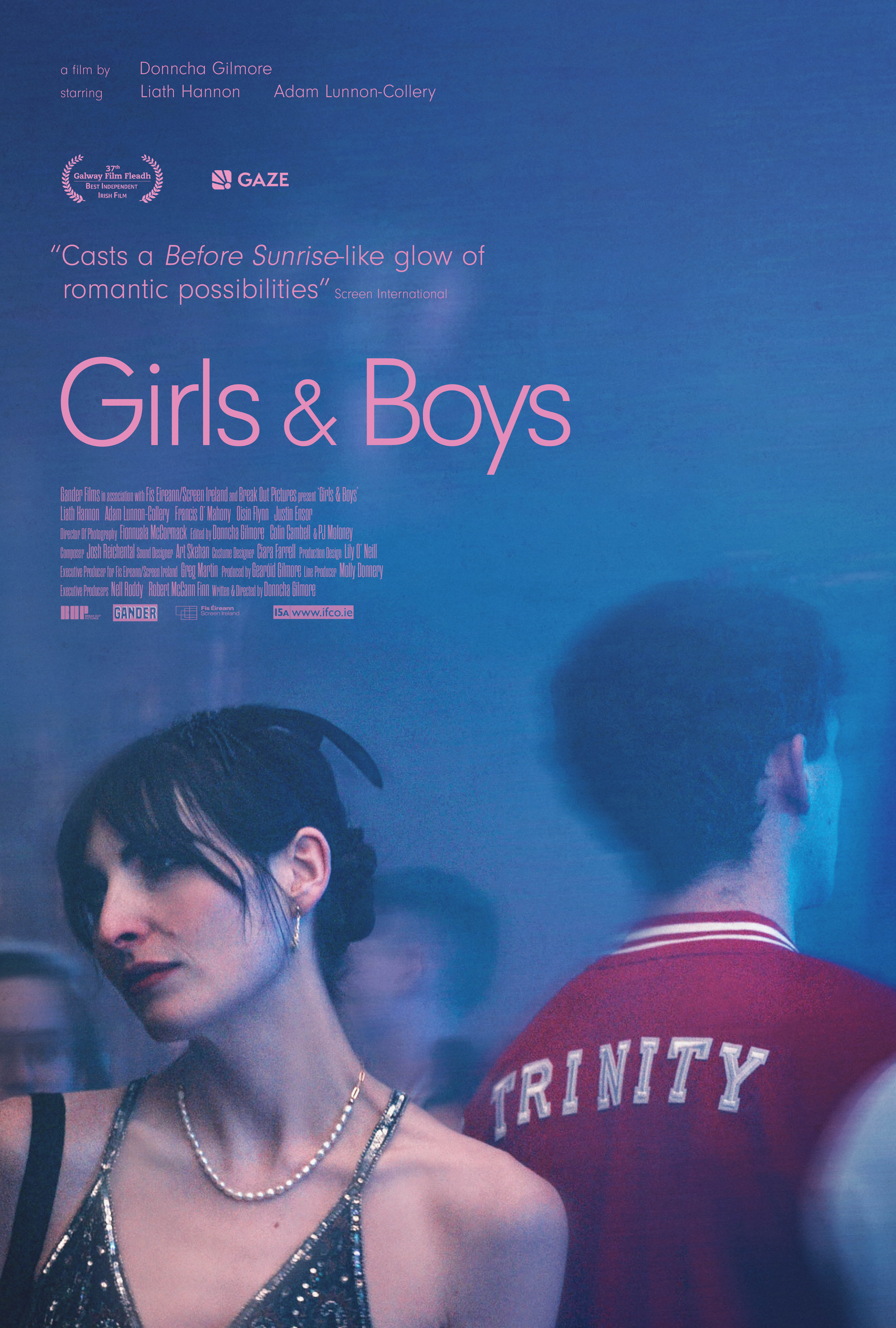 Text on poster: “Girls & Boys.” The image shows two young people standing back to back in a nightclub setting.