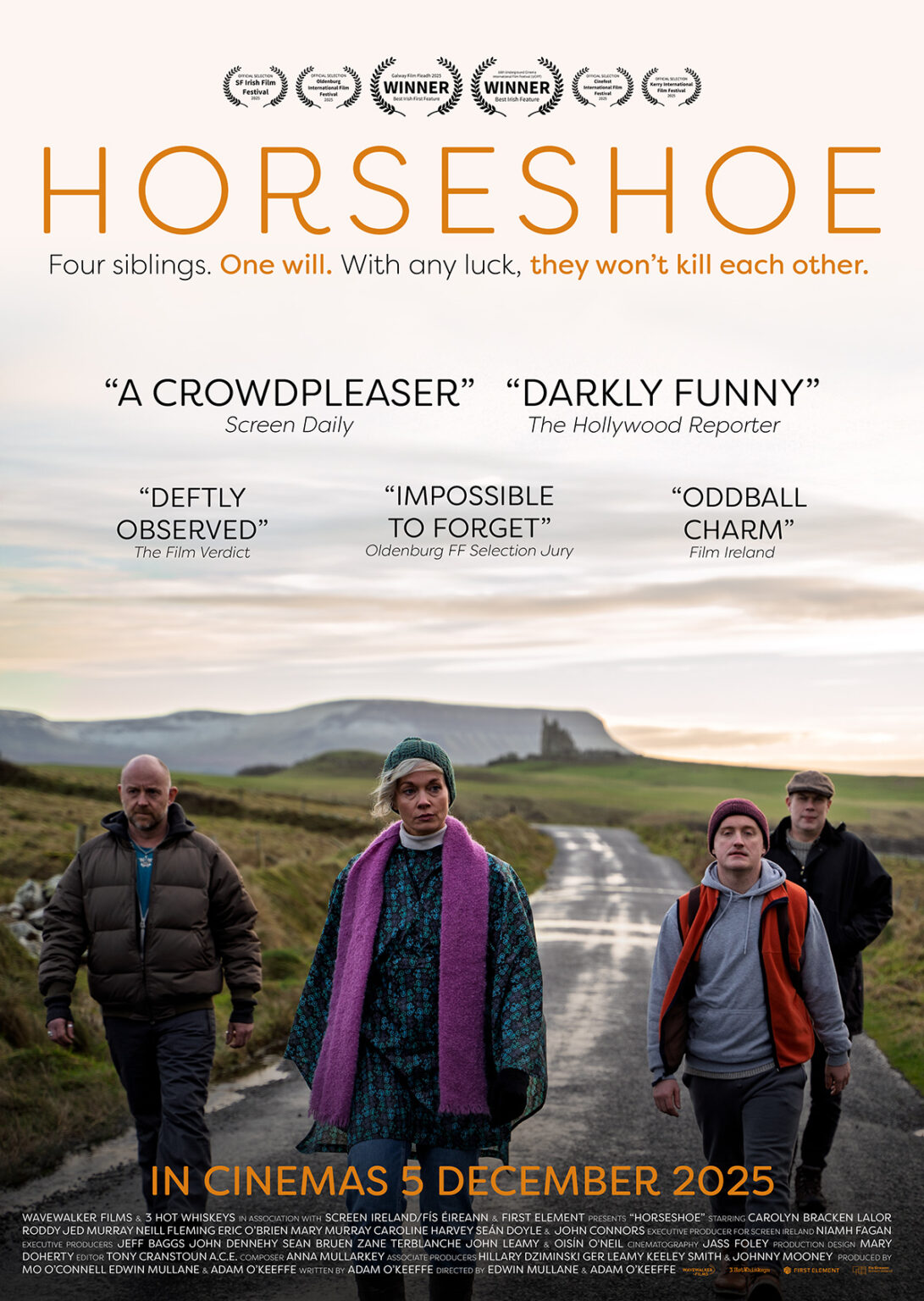 Text on poster: “Horseshoe.” “Four siblings. One will. With any luck, they won’t kill each other.” The image shows four adults walking along a rural road.
