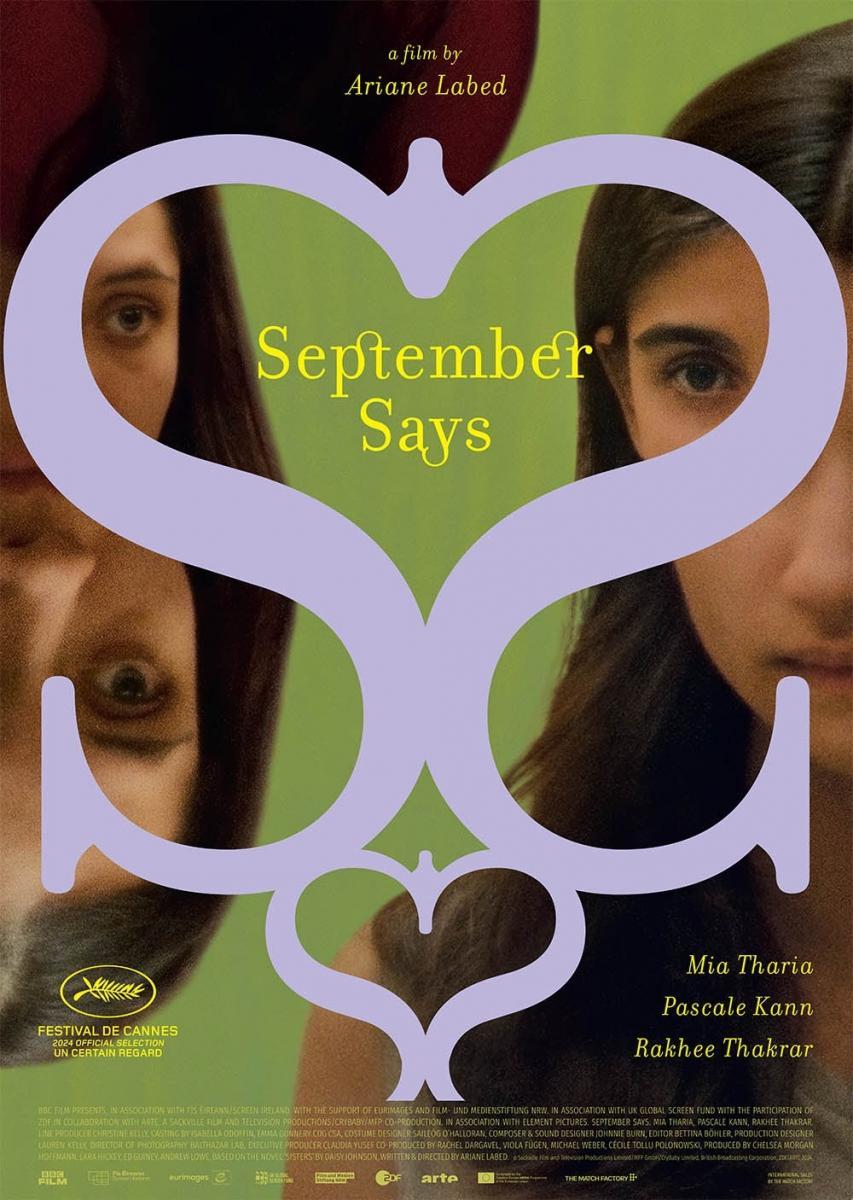 Text on poster: “September Says.” A film by Ariane Labed. The image shows two faces framed within a heart-shaped graphic.