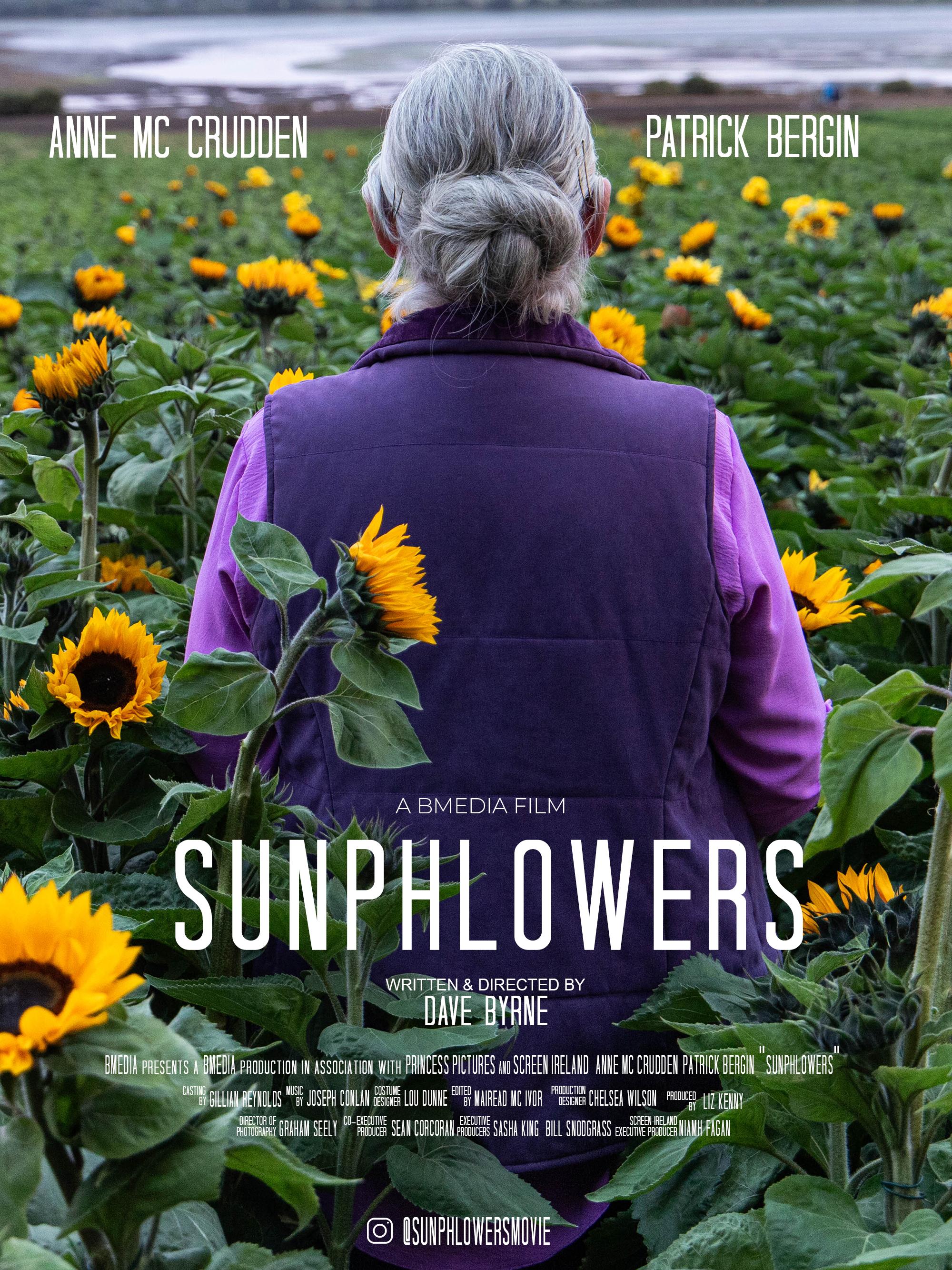 Text on poster: “Sunflowers.” The image shows a person standing in a sunflower field near the coast.